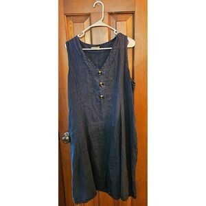 Alessia Pacini NAVY BLUE SLEEVELESS V NECK BUTTON FRONT LINEN DRESS SIZE 2X